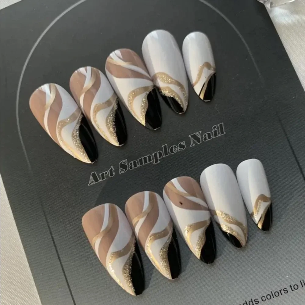 White Black Gold Almond Press On Nails - Picture 2 of 3
